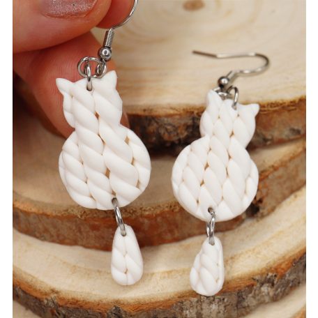 Kötött fehér cica fülbevaló